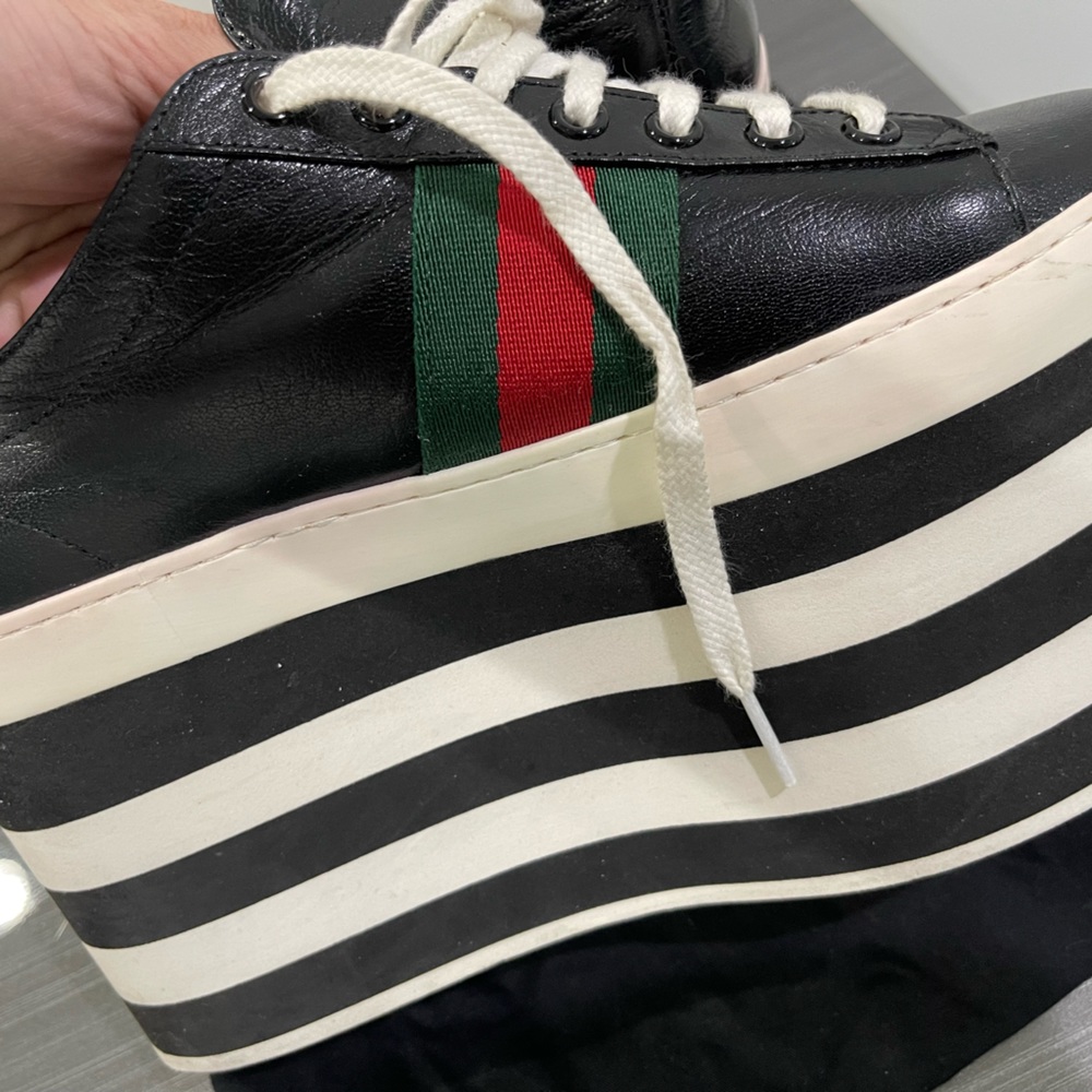 Gucci Shoes | Leather Peggy Wedge Platform Sneakers - Picture 5 of 10
